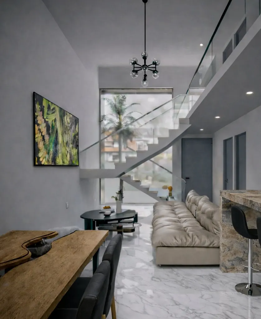 Sala con techo a doble altura y ventanal